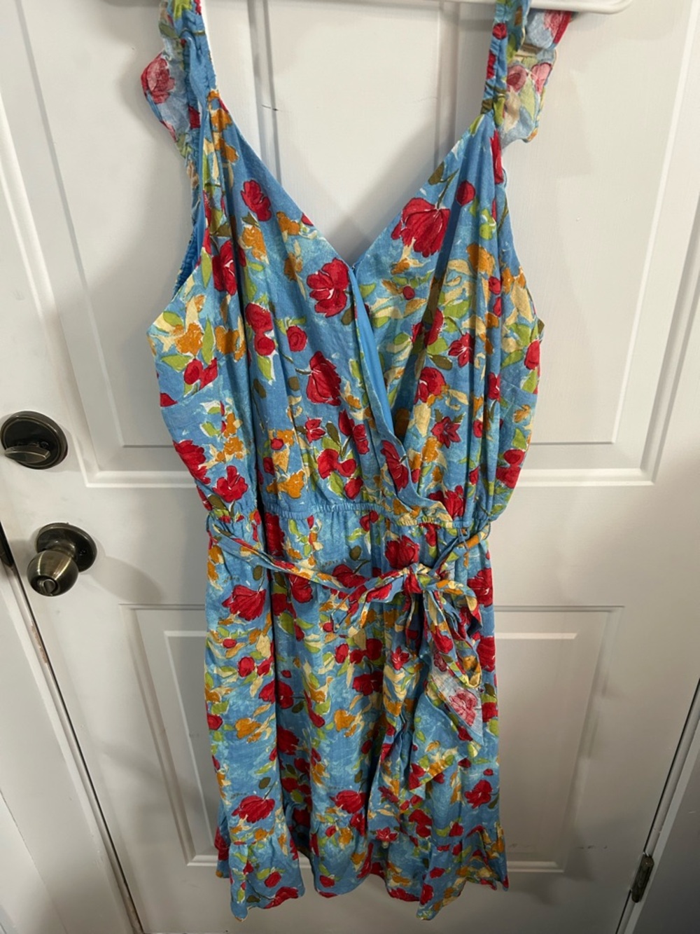 LC Lauren Conrad Light Blue Floral Midi Dress with Red & Yellow Blooms